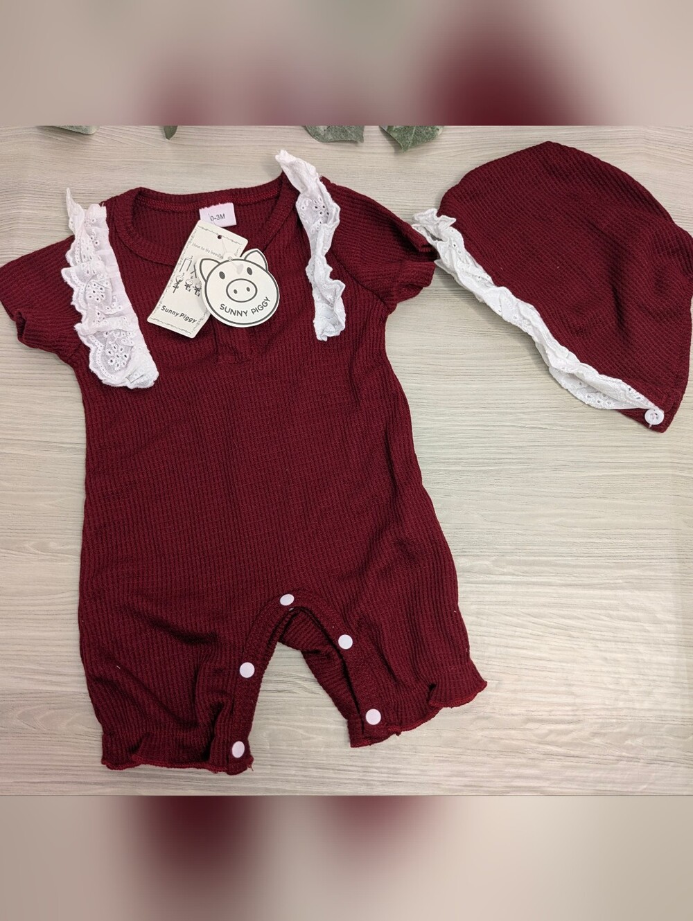 Burgundy Ruffle-Trim Baby Matching Set